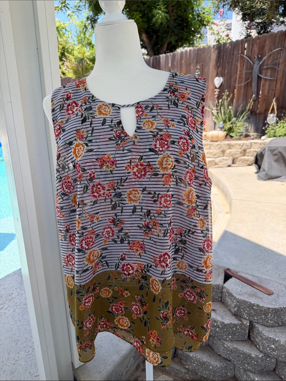 CAbi Olive and Multicolor Floral Stripe Keyhole Sleeveless Top